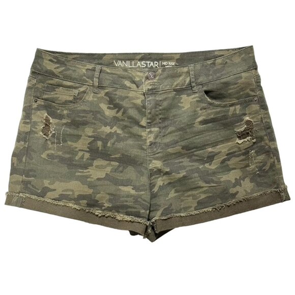 VANILLASTAR Women's Shorts Green Camouflage Mid Rise Cotton Pockets Zip Size 17 - Picture 7 of 13